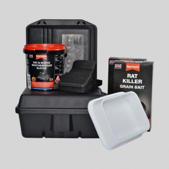 Rat control kit with traps, boxes and bait