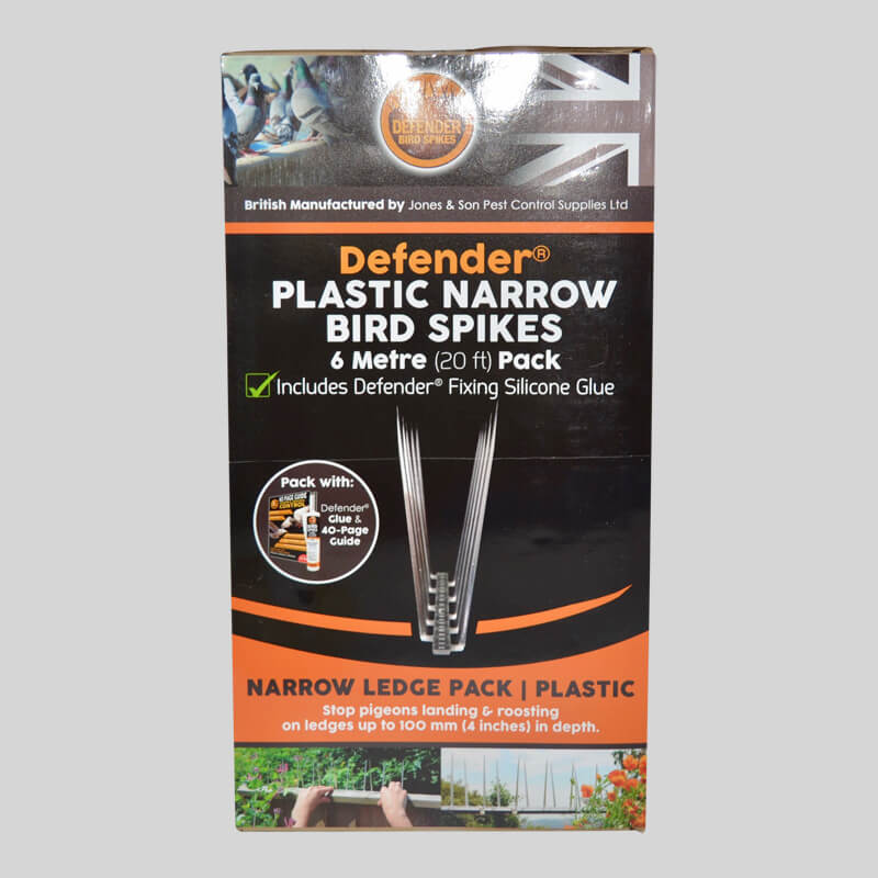 Defender Plastic Narrow Bird Spike Pack Front of Box